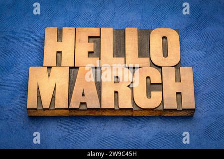 Hello March Wort abstrakt in Vintage-Buchdruck-Holzart gegen strukturiertes, handgefertigtes Papier, fröhliche Grüße Stockfoto
