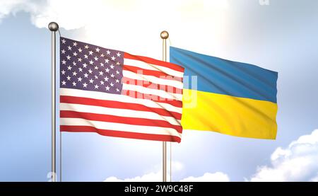 3D-Wehen der ukrainischen und der USA-Flaggen auf blauem Himmel mit Sonnenschein Stockfoto