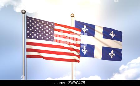 3D-Wehen in Quebec und den USA am Fahnenmast auf Blue Sky mit Sun Shine Stockfoto