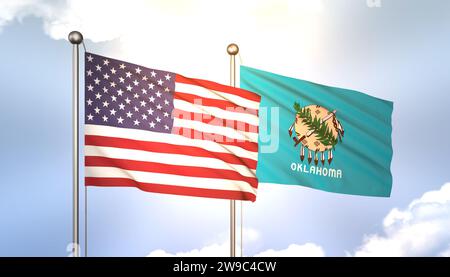 3D mit Sonnenschein in Oklahoma und den USA am Fahnenmast auf Blue Sky Stockfoto