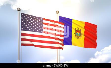 3D-Wehen Moldawien und USA am Fahnenmast auf Blue Sky mit Sonnenschein Stockfoto