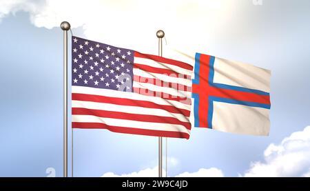 3D-Wehen der Färöer-Inseln und der USA am Fahnenmast am Blue Sky mit Sonnenschein Stockfoto