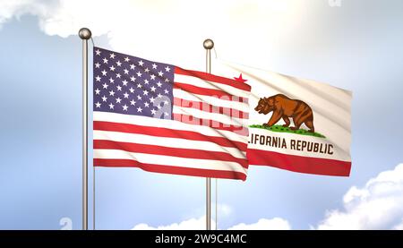 3D mit Sonnenschein, der Kalifornien und die USA am Fahnenmast auf Blue Sky winkt Stockfoto