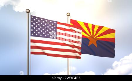 3D winkt Arizona und USA am Fahnenmast auf Blue Sky mit Sonnenschein Stockfoto