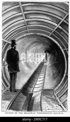 Gravur eines Abschnitts der Broadway Underground Railway aus der Underground World, um 1878 Stockfoto