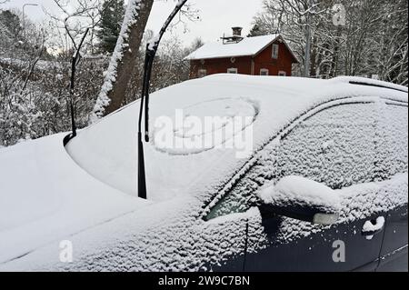 Ein fröhliches Auto trotzt dem eisigen Wintersturm, sein lächelndes Gesicht erhellt die verschneite Landschaft, während es unter einem frostbedeckten Baum parkt Stockfoto