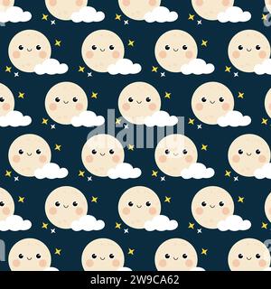 Niedliches nahtloses Muster mit lächelndem Mondcharakter und Wolken. Handgezeichnetes Vektor-Design für Kinder. Stock Vektor