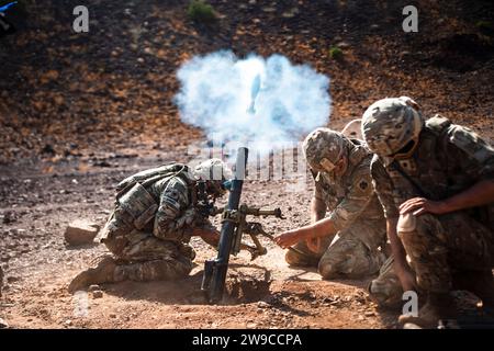 Soldaten der US-Armee verschiedener Kompanien, die der Task Force Tomahawk zur Unterstützung der Combined Joint Task Force Horn of Africa (CJTF-HOA) zugewiesen wurden, und französische Streitkräfte, die dem 5e Overseas Interarms Regiment (RIAOM) zugewiesen wurden, nehmen am 25. August 2023 an einer gemeinsamen Mörserfeuerübung in Dschibuti Teil. Die gemeinsame Feuerübung ermöglichte es den Vereinigten Staaten, eine regionale Zusammenarbeit mit ihren Verbündeten aufzubauen, um zusammenzuarbeiten und die Kampftruppe der einzelnen Nationen zu verbessern. (US Air Force Fotostab Sgt. Jake Buck) Stockfoto