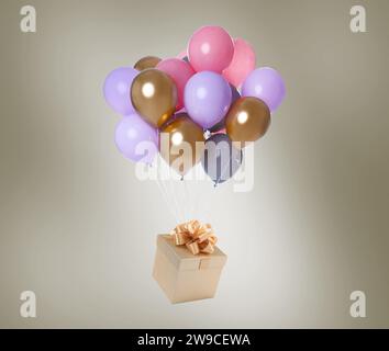 Viele Ballons, die an eine Geschenkbox gebunden sind, auf farbigem Hintergrund Stockfoto
