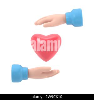 Krankenversicherungskonzept. Schutz Gesundheit. Pflege medizinisch. Die Handflächen schützen das Herz. Symbol Healthcare.3D-Rendering auf weißem Hintergrund. Stockfoto