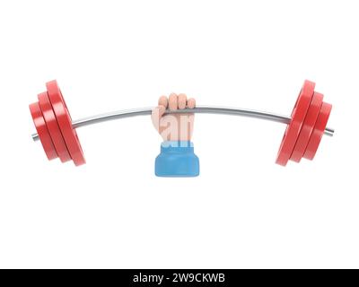 Starkes Konzept. Symbol „Barbell in Hands“. Hand eines Mannes, der eine Hantel hält. Flache 3D-Illustration. Gewichtheben, Training hart Konzept. Sportliche Fitness Stockfoto