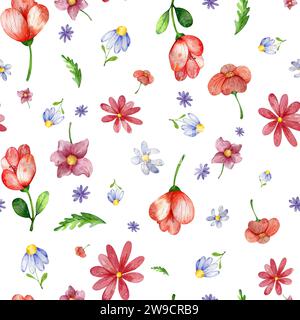 Nahtloses Muster von Aquarellblumen. Helle, helle, wilde Blumen. Auf weißem Hintergrund. Für die Gestaltung von Textilien, Schreibwaren, Postkarten Stockfoto