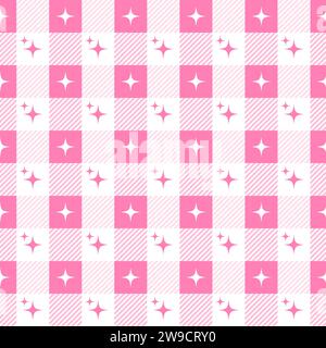 Nahtloses Y2K-Muster mit Funkeln. Geometrischer karierter vichy-Hintergrund mit abstrakten Sternen. Leuchtendes pinkfarbenes Vektor-Design Stock Vektor