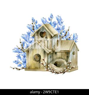 Vogelhaus aus Holz mit Nestweidenzweigen und Illustration der blauen Blumen im Frühling. Frohe Ostern Komposition für Einladung, Gruß ca. Stockfoto