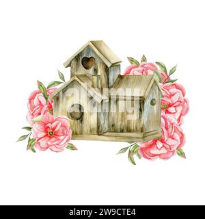 Vogelhaus aus Holz in Aquarell mit Frühlingsrosa Blumen Illustration. Handgezeichnete Pfingstrosen mit grünen Blättern und kleiner Vogelheimkomposition für Etikett, gre Stockfoto