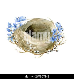 Aquarell handgezeichnetes Osternest mit Weidenzweigen. Frühlingspastellfarben Komposition für Happy Easter Grußkarte, Einladung, Logo. Blumenmuster Stockfoto