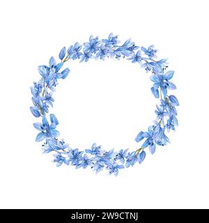 Botanischer Frühlingsblumenkranz in Aquarellfarben. Runder Rahmen mit blauen Blumen für osterdekor, Karte, Einladungsdekoration. Isolierte Clip-Art Stockfoto