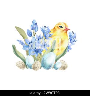 Aquarellfarben Happy Easter Komposition mit gelbem Huhn, Frühlingsblau blassem Blumen und Eiern. Handgezeichnete Vintage-Clipart für Einladung, Etikett, Logo, p Stockfoto