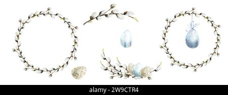 Aquarell FrühlingsOsterset besteht aus Weidenzweig, blauen und beigen Eiern, Weidenkranz und Weidenzweigen mit Eieranordnung. Von Hand gezogenes Isolat Stockfoto