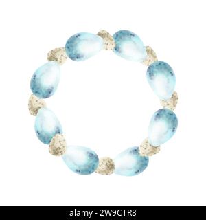 Illustration des Ostereierkranzes in Aquarellfarben. Handgezeichneter runder Rahmen mit blauen blassfarbenen und beigen Eiern für den Urlaub, Grußkarte, Einladung, Packdesig Stockfoto