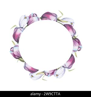 Frühlingsblumenkranz in Aquarellfarben. Violette Tulpen und Krokusse, runder Rahmen für Einladung, Label, Logo-Design. Blumendesign. Stockfoto