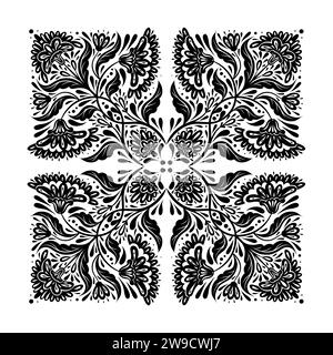 Vektor-monochrome dekorative Illustration mit quadratischem Blumenschmuck. Schwarze Silhouette der Volkskunst-Tracery-Karte mit geometrischen Blumen, Stielen Stock Vektor