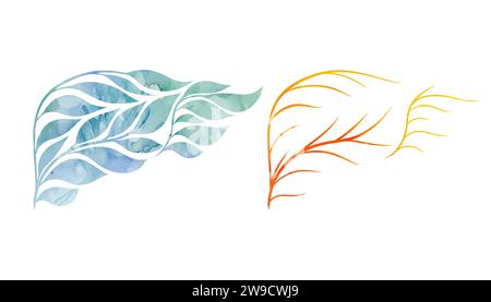 Vektorsatz von Aquarellsilhouetten menschlicher gesunder Lebern aus Blättern und Zweigen isoliert vom Hintergrund. Grüne gesunde und orange ungesunde Interna Stock Vektor
