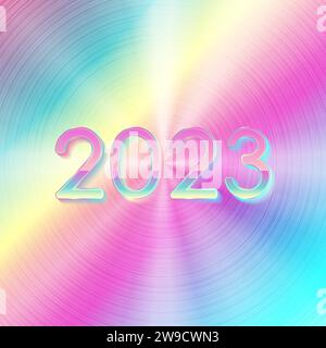 Hochglanzbeschriftung zum Neujahr 2023 und holografischer Hintergrund. Vektordesign Stock Vektor