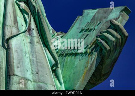 Foto der Hand der Freiheitsstatue mit dem Buch der amerikanischen Unabhängigkeitserklärung, das lautet: 4. Juli 1776 in römischen Zahlen. Stockfoto