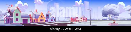 Winterstraße vor GroßstadtHintergrund. Vektor-Cartoon-Illustration von Vorstadthäusern entlang ländlicher Gasse unter bewölktem Himmel, Bäumen und Büschen bedeckt mit Show, moderne Wolkenkratzer am Horizont Stock Vektor