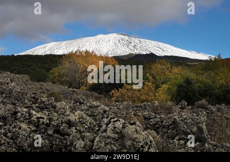 Schneebedeckter Ätna und Herbstlaub, Ätna Park, Sizilien, Italien Stockfoto