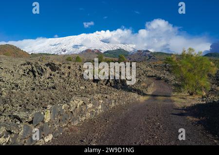 Pfad durch das alte Lavafeld im Ätna Park, Sizilien, Italien Stockfoto