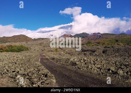 Pfad durch das alte Lavafeld im Ätna Park, Sizilien, Italien Stockfoto