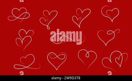 Herz durchgehende Einzeichenzeichnung. Vektor auf rotem Hintergrund Stock Vektor
