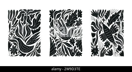 Vektor-Set von Blumenkunst mit Vögeln Illustrationen. Schwarz-weiße Silhouette Boho-Poster, Drucke mit Blättern. Collage-Elemente mit organischem Design Stock Vektor