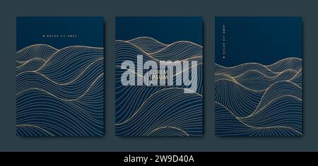 Vektor-Luxus-Wellenmuster, abstraktes goldenes und schwarzes Kunstdesign. Art Deco schicke Textur, flüssige Karten, Meer, Fluss, Berglandschaft. Stock Vektor