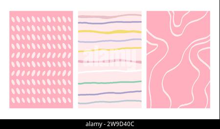 Einfache Geometrische, Handgezeichnete Unregelmäßige Muster. Kritzelte einfache Zeichnung mit Texturen. Posterset. Lustiges Pastellfarbenpapier. Stock Vektor