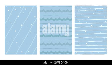 Einfache Geometrische, Handgezeichnete Unregelmäßige Muster. Einfache Zeichnung mit blauem Karomuster und Texturen. Posterset. Lustiges Pastellfarbenpapier. Stock Vektor