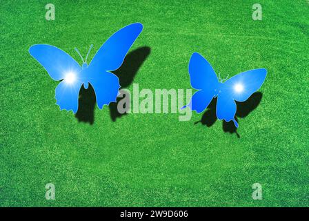 Zwei Schmetterlinge über grünem Rasen mit Schatten, die Flügel sind wie blauer Himmel mit Sonne, Symbol für Naturschutz, Umweltschutz Stockfoto
