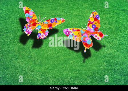 Zwei Schmetterlinge über einem grünen Rasen mit Schatten, die Flügel sind mit Blumen gemustert, Symbol für Naturschutz, Umweltschutz Stockfoto