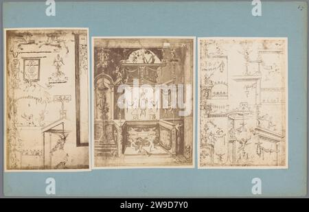 Drei Fotoproduktionen von dekorativen Bildern, ca. 1875 - ca. 1900 Fotografie links und rechts (44 und 45) Zeichnungen verschiedener Dekorationen auf einem Blatt, Mitte (43) Ein Druck von zwei Putten in einem reich verzierten Innenraum von Giovanni da Udine. Europaparton. Fotografische Unterstützung Albumendruck Zeichnung, Skizze. Ornament  Hybridtiere. Cupiden: "amores", "amoretti", "Putti" Europa Stockfoto