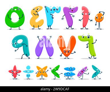 Arabische Zahlen oder Ziffern. Numerische Systempersönlichkeiten für Zeichentrickvektoren, die Mengen oder Werte darstellen. Niedliche, lustige Ziffern von 0 bis 9 und Zeichen für effiziente mathematische Berechnungen Stock Vektor