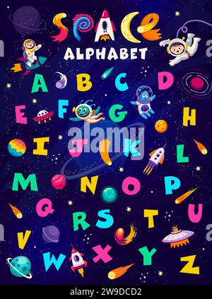 Cartoon Space Alphabet Vektor Poster. Kinder-Astronauten und Aliens-Charaktere, Galaxienplaneten, Rakete, UFO und Raumschiff, englische abc-Buchstaben auf dem Hintergrund des Weltraums. Astronomie-Wissenschaft Kindererziehung Stock Vektor