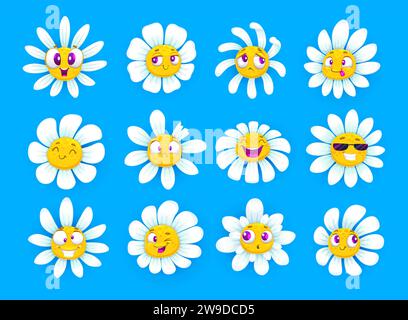 Zeichentrickfiguren mit Kamillenblüten und lustigen Gesichtern. Daisy Blumen süße Vektor-Persönlichkeiten Gesichter Emotion Ausdrücke Sammlung. Dumme, lachende, traurige und verrückte Kamillenpflanzen-Kawaii-Aufkleber Stock Vektor