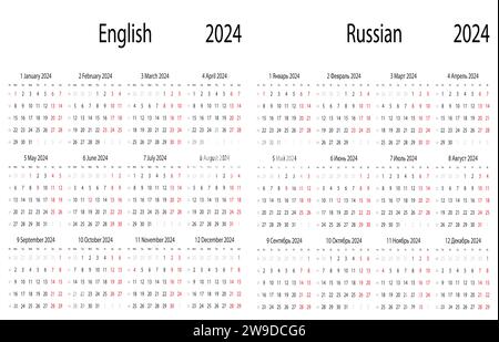 Kalender 2024 der englischen und russischen Sprachvektoren. Stock Vektor