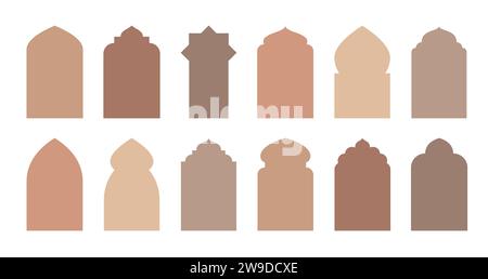 Islamische Tür und Moscheefenster bilden Silhouetten. Arabische Architektur, Moscheebau, Türdurchgänge, Bogensilhouetten, arabische Fenster oder Türen isolierte Vektorrahmen Formen gesetzt Stock Vektor