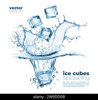 Eiswürfel fallen mit Spritzern, Tropfen und Wellen ins Wasser. Vector 3D kaltes Soda-Getränk oder klare flüssige Krone spritzen mit transparenten Eiskristallen, Kräuseln und Unterwasser-Luftblasen, realistischem Eiswasser Stock Vektor