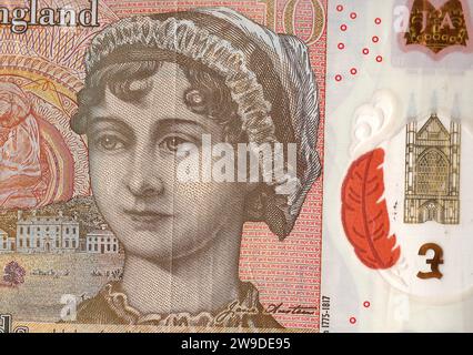 Nahaufnahme einer 10-Pfund-Note mit einem Porträt von Jane Austen aus Großbritannien/Großbritannien auf weißem Hintergrund. Stockfoto