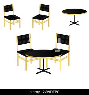 Set Tisch Und Stühle Vektor. Tisch und Stühle, Möbel für Inneneinrichtung Küche, Café, Restaurant. Vektorabbildung. Stock Vektor