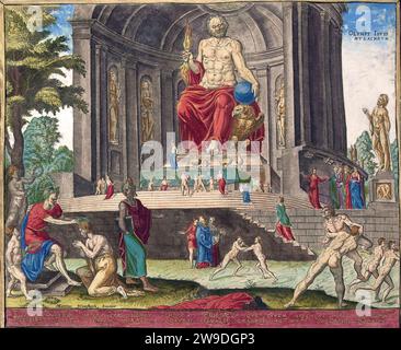 Zeus-Statue in Olympia Olympy Iovis mulachrum (Titel auf Objekt) die acht Weltwunder (Serientitel) 1572 von Maarten van Heemskerck – die Zeus-Statue befindet sich im dorischen Tempel von Olympia auf dem griechischen Peloponnes. Sie wurde um 433 v. Chr. erbaut. Geschaffen vom Athener Bildhauer Phidias. Rechts vom Tempel eine Herkules-Statue. Auf den Stufen vor dem Tempel verehren die Menschen die Statue des Zeus. Rechts im Vordergrund stehen olympische Wrestler und Läufer, links wird einer der Gewinner geehrt. Unterhalb der Aufführung ein lateinischer Strophe. Dieser Ausdruck ist Stockfoto